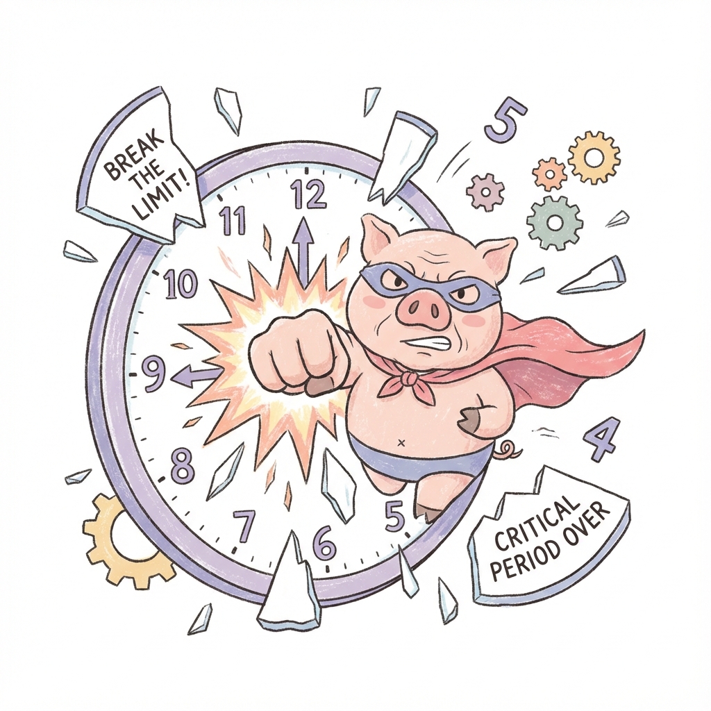 Piggy breaking a clock dial symbolizing breaking time limits