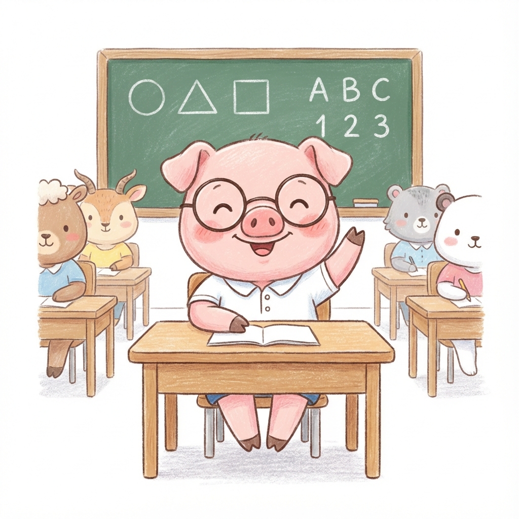 Piggy student raising hand in classroom